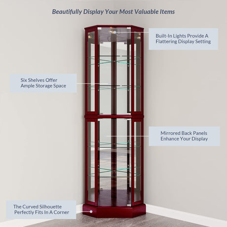 BELLEZE Lighted Corner Display Curio Cabinet Wooden Curved Shelving Unit with Tempered Glass Door, Bar and Liquor Storage Area with 6 Shelves - BELLEZE