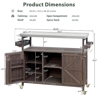 LZ LEISURE ZONE Large Outdoor Grill Table, Farmhouse Solid Wood Outdoor Kitchen Island Bar Table with Stainless Steel Top, Rolling Bar Cart with Storage Cabinet for Patio/Kitchen/Grill, Dark Brown