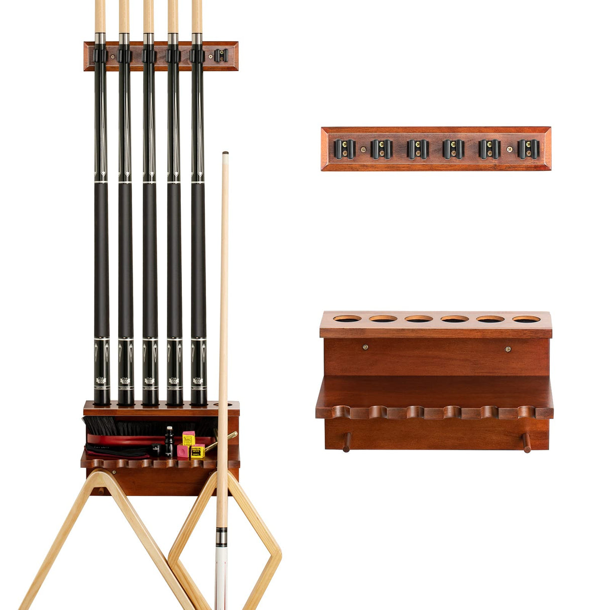 EXTCCT Wall Mount Pool Stick Holder - Billiards Pool Cue Rack Hardwood Pool Cue Set Holder for 6 Cues Sticks Storage Pool Table Accessories Equipment Organizer EXTCCT