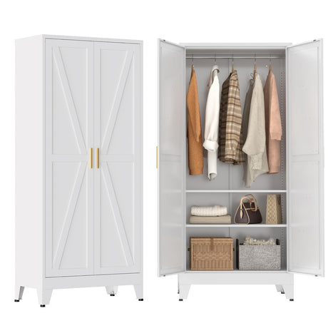 Metal Wardrobe Closet with Doors and Shelves, 71" Farmhouse Bedroom Armoire with Hanger Rod and Clothing Shelf, White Steel Wardrobe Cabinet Storage Clothes Closet Bevivog