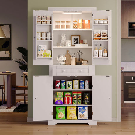 Bestier Pantry Cabinet, 72" Tall Kitchen Cabinet with Doors, 2 Adjustable Shelves & 1 Drawer, Kitchen Storage Cabinets with Motion Sensor Light, Freestanding Cupboards for Dining Room, Bathroom, White Bestier