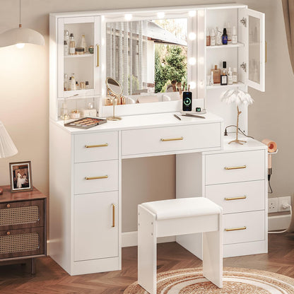 51" Vanity Desk with Mirror and Lights & Charging Station, Bedroom Dressing Table, Large Vanity Set with Cushioned Stool, 6 Drawers and 2 Cabinets, Makeup Vanity Table with Charging Station