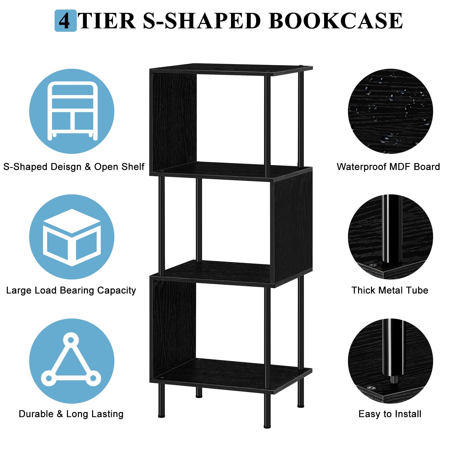 ETELI S-Shaped 4-Shelf Black Bookshelf - Free Standing Industrial Bookcase for Small Spaces - WoodArtSupply