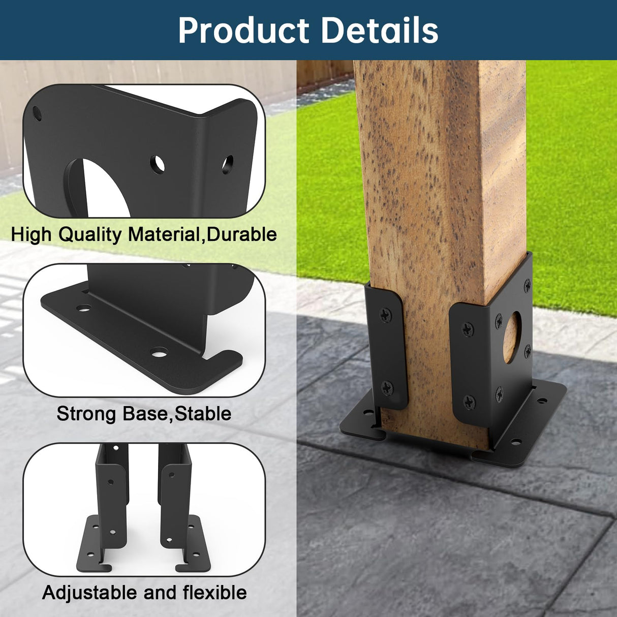 4 pcs Adjustable Wood Fence Pergola Post Base Brackets Fit 4x4 Post,Heavy Duty Black Post Anchor Base Brackets Support for Deck Railing Mailbox,Pergola Brackets Kit Linone