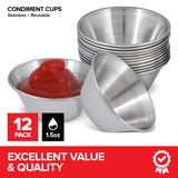 1.5 oz Stainless Steel Condiment Cups (12 Pack), Individual Portion Dipping Sauce Cups, Small Metal Ramekins for Ketchup, Marinara, BBQ Sauce, and More! Reusable Condiment Cups for Restaurants Stock Your Home