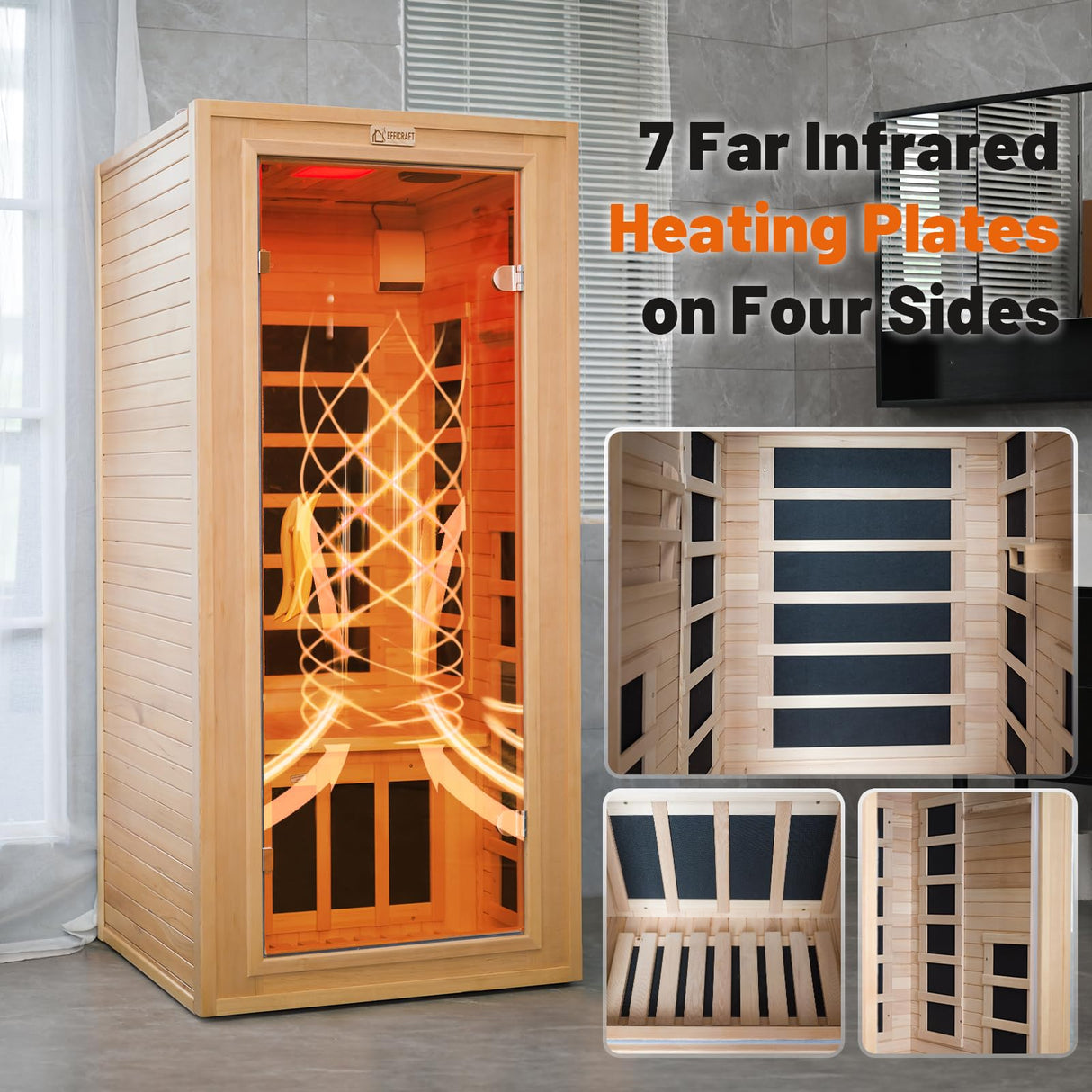Efficraft Infrared Sauna Indoor, 1 Person Hemlock Wooden Home Sauna, Dry Sauna for Home Spa Room 1350W, Time Temp Pre-Set Sauna Room, w/7 Heating Panels Mini Personal Far Infrared Saunas for Home Efficraft