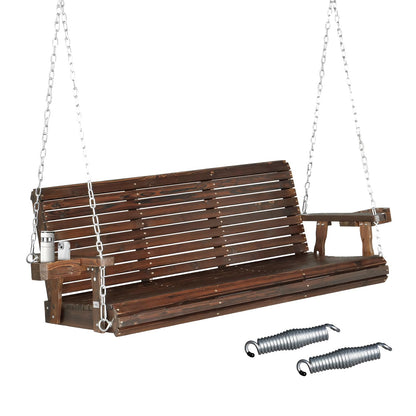 VINGLI XL Size Patio Wooden Porch Swing Outdoor with Cup Holders & Phone Slots, Heavy Duty 880 LBS Hanging Swing Chair Bench with Hanging Chains for Yard, Lawn, Garden (5 FT Pro, Rustic) - WoodArtSupply