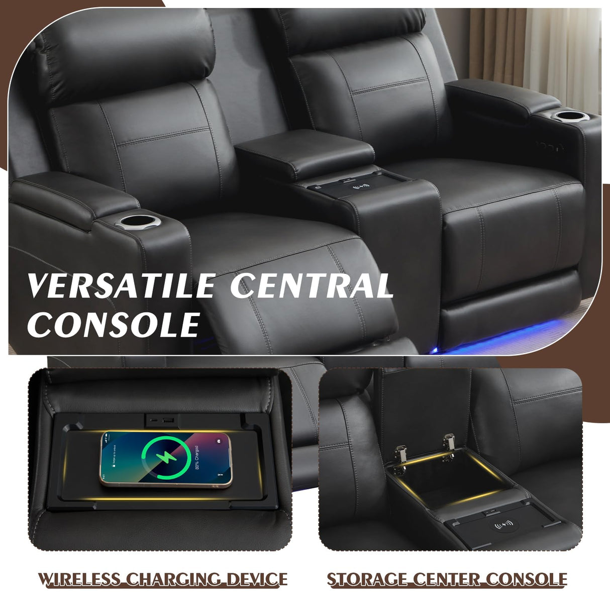 Neptane Power Reclining Loveseat with Console/Wireless Charging, Power Loveseat Recliner Sofa with Power Headrest/LED Light/Armrest Storage, Wall Hugger Reclining Loveseat(Dark Grey, 2 Seater) Neptane