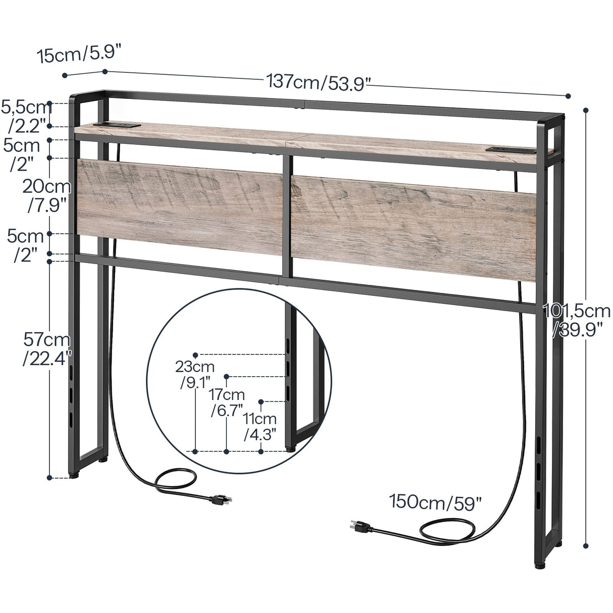HOOBRO Full Size Headboard, Headboard with 2 Outlets and 4 USB Ports, Adjustable Height, Storage Rack, Sturdy and Stable, Easy Assembly, Greige and Black HOOBRO