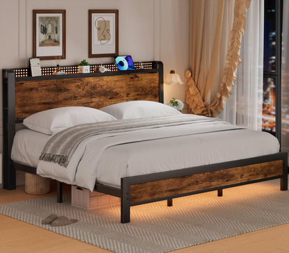 Furnulem King Size Bed Frame with LED Lighting and Storage Headboard - WoodArtSupply