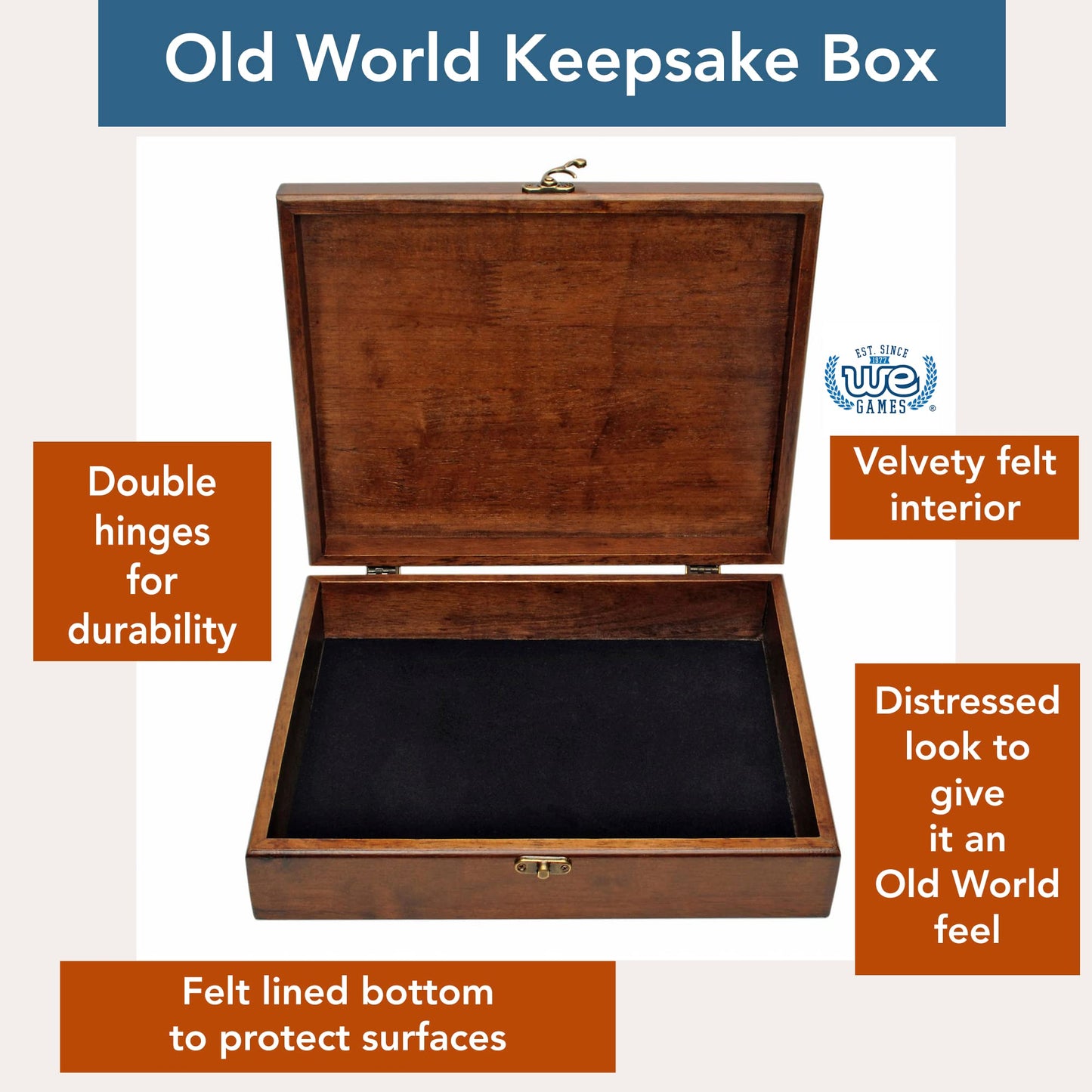 WE Games Old World Wooden Keepsake Box with Brass Closure and Walnut Finish, 12 x 9.5 inches, Felt-Lined Interior, Gift Quality, Store Photos, Card Collections, Sewing Accessories, Memories, Jewelry