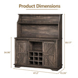 47" Farmhouse Coffee Bar with 3-Tier Storage, Kitchen Hutch with 12 Wine Racks & 3 Glass Holders, Coffee Hutch Cabinet with 6 Hooks, Wine Bar Cabinet for Kitchen, Dining Room, Living Room, Rustic Oak REVOMINCA