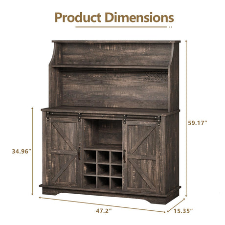 47" Farmhouse Coffee Bar with 3-Tier Storage, Kitchen Hutch with 12 Wine Racks & 3 Glass Holders, Coffee Hutch Cabinet with 6 Hooks, Wine Bar Cabinet for Kitchen, Dining Room, Living Room, Rustic Oak REVOMINCA