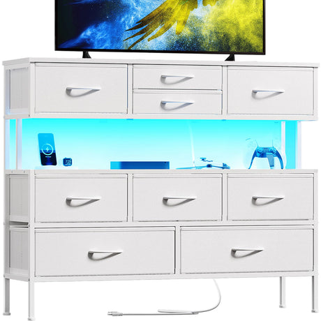 REAHOME Dresser TV Stand with Charging Station and LED Lights, 55” TV Stand with 9 Drawers, Fabric Dresser for Bedroom, Steel Frame, Large Storage Chest of Drawers for Closet, Living Room, White REAHOME