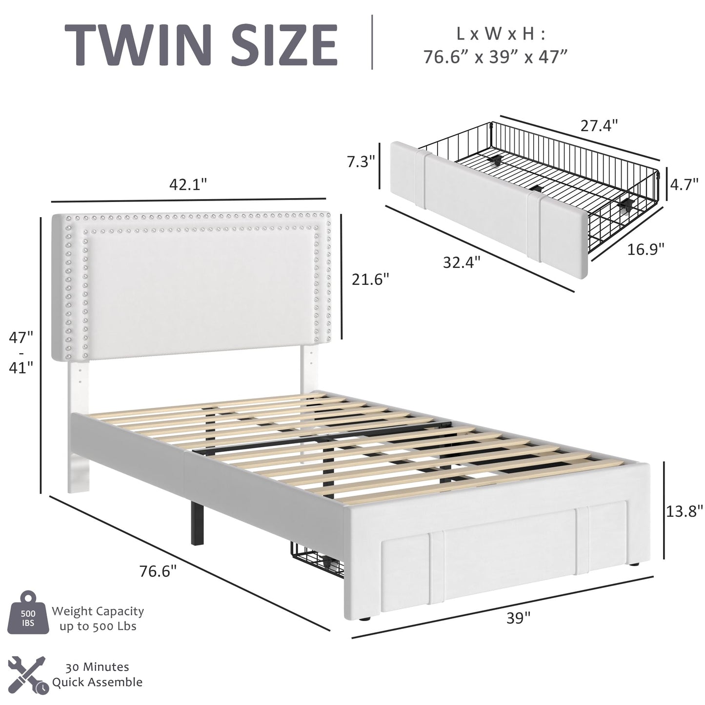 VECELO Twin Platform Bed Frame with Storage Drawer, Adjustable Velvet Rivet Decor Headboard, Wooden Slats Support, No Box Spring Needed, Easy Assembly