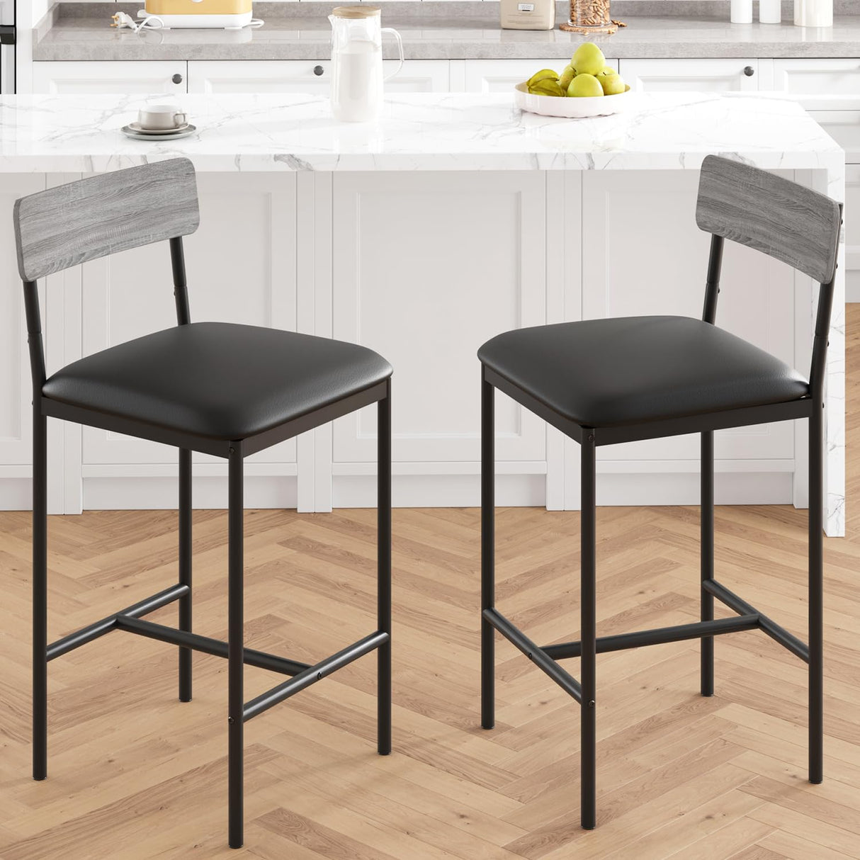 Amyove Bar Stools Set of 2, Upholstered Bar Chairs with Back, 25.5 Inches Kitchen Bar Stools with Footrest, Thick Cushion, Counter Height Barstools for Island, Counter Bar, Easy Assembly, Rustic Grey Amyove