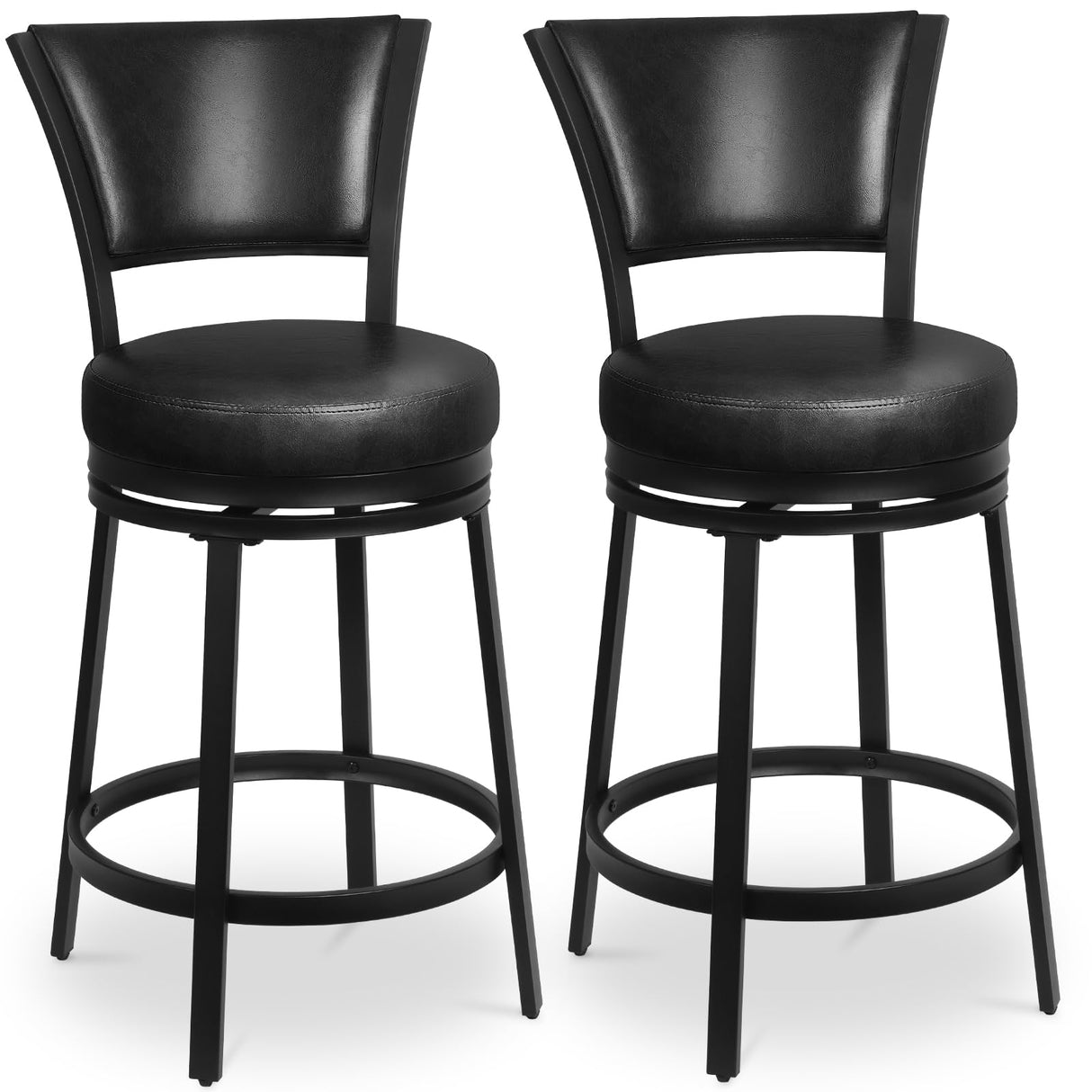 FLYZC Bar Stools, Counter Height Barstools Set of 2, 25" Faux Leather Metal Round Swivel Bar Chairs with Back, Modern Upholstered Counter Stools for Kitchen Island, Black FLYZC