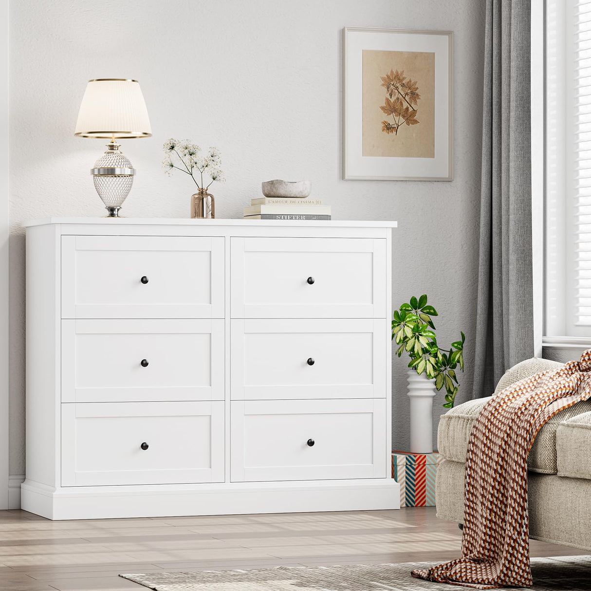 FOTOSOK White Dresser, 6 Drawer Dresser White, Modern Double Chest with Deep Drawers, Wide Storage Organizer Cabinet for Living Room Home FOTOSOK