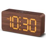 uscce Wooden Digital Alarm Clocks for Bedrooms: Dimmable Dual Alarm Clock with Large Numbers for Bedside Desk - Brown uscce