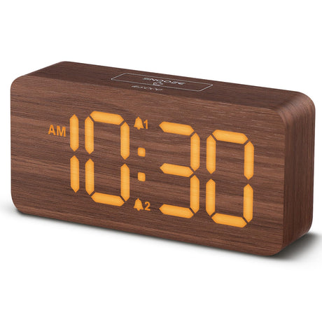 uscce Wooden Digital Alarm Clocks for Bedrooms: Dimmable Dual Alarm Clock with Large Numbers for Bedside Desk - Brown uscce