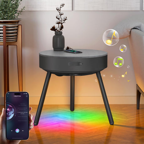 Smart Round Side Table with Charging and Smart Round Coffee Table - in Sound System, Modern Bedside Table for Nursery and Bedroom, Nightstands with Charging Station (Black) uuffoo