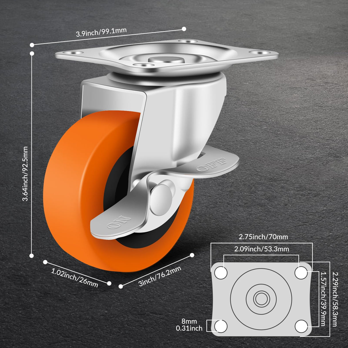 BOSGEOT Caster Wheels, 3 Inch Casters Set of 4, Heavy Duty Casters with Brake, Locking Casters with Polyurethane Wheels，Plate Swivel Casters Wheels for Furniture Carts,Workbench Casters BOSGEOT