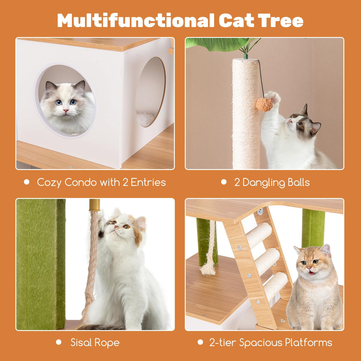 PETSITE Cat Tree with Litter Box Enclosure, Multi-Level Modern Cat Tree Tower with Sisal Scratching Posts, Cat Condo, Ladder, Dangling Balls, Interactive Sisal Rope, and Hidden Litter Box PETSITE