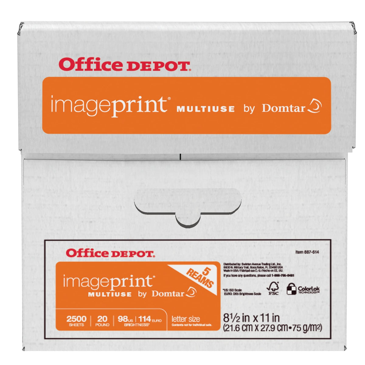 Office Depot ImagePrint FSC Certified Multiuse Paper by Domtar, 8 1/2in x 11in, 20 Lb, White, 500 Sheets Per Ream, Case Of 5 Reams, 1914 Office Depot