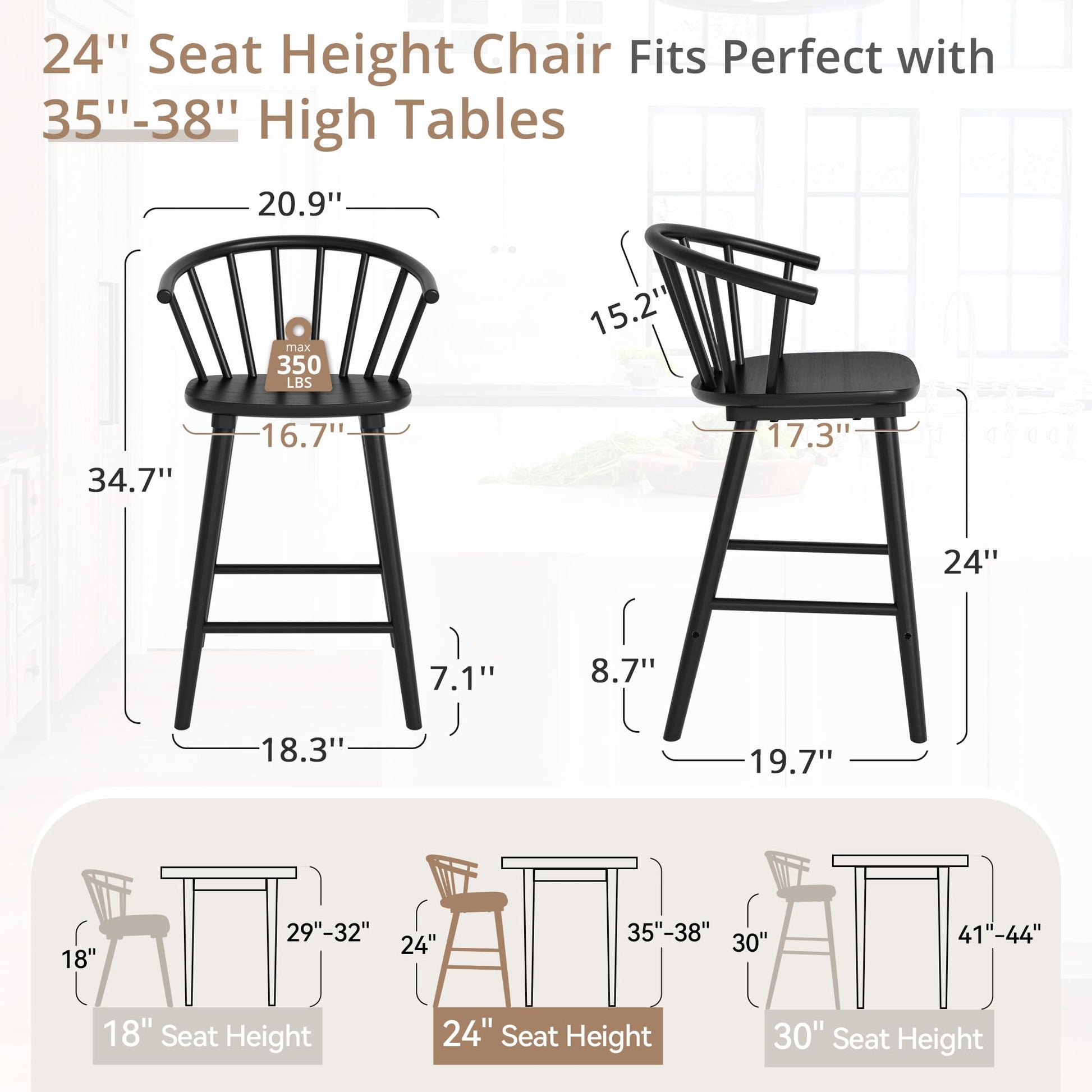 LUE BONA Wood Bar Stools with Semicircular Backrest, Black Farmhouse Barstools Set of 2, Modern Counter Height Bar Stools for Kitchen Island, 24 Inch - WoodArtSupply