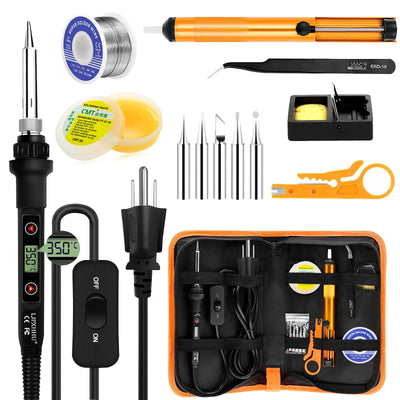 Soldering Iron Kit 80W LCD Adjustable Temperature 180-520℃ Solder Kit Electronics 13 in 1 Welding Tools with ON/OFF Switch, Solder Wire, Flux, 5 Soldering Tips, Desoldering Pump, Stand, Tweezers