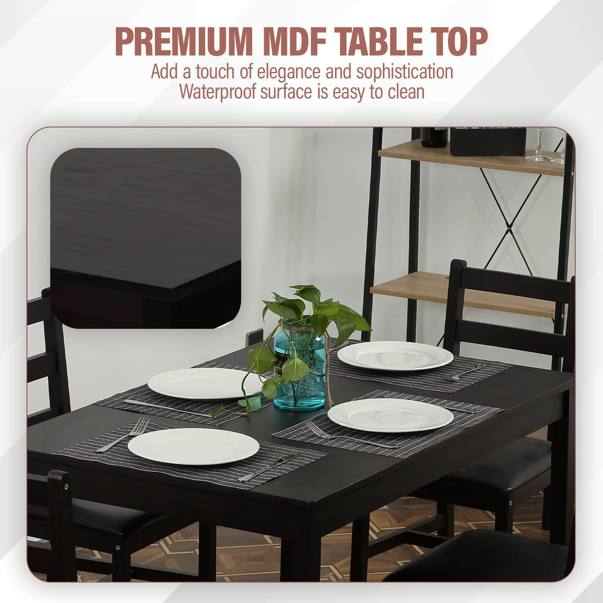 MGHH 5 Pieces Kitchen Dining Room Set Dining Kitchen Table and Chairs Mid Century Style Wood Dinette Table Set for Home Family Dining Area Dark Brown MGHH