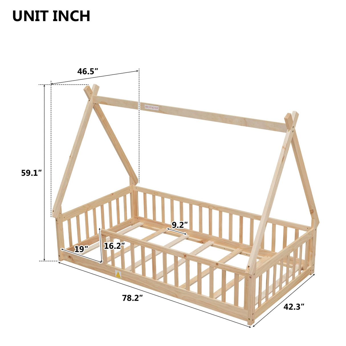 Mirightone Floor Bed for Kids, Twin Size Teepee Tent Beds, Montessori Floor Bed with Slats and Fence Rails, Wood House Bed Frame for Boys Girls, Natural Mirightone
