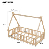 Mirightone Floor Bed for Kids, Twin Size Teepee Tent Beds, Montessori Floor Bed with Slats and Fence Rails, Wood House Bed Frame for Boys Girls, Natural Mirightone