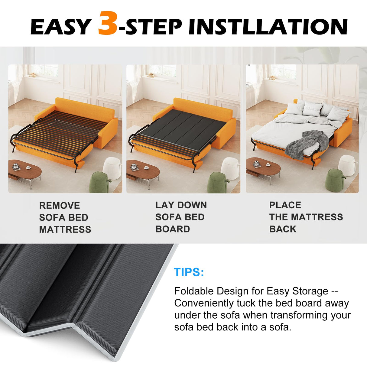 LAVEVE Sleeper Sofa Support Board 48''x60'' Queen Size, Heavy Duty Solid Wooden Mattress for Pull Out Sofa Bed, Foldable Design Bunkie Board Couch Accessories, Enhanced Weight-Bearing Capacity LAVEVE