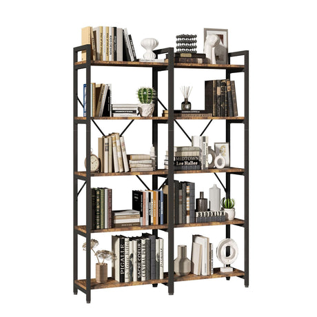 oneinmil Bookshelf 5 Tier, 58.7'' Industrial Book Shelf, Wooden Bookshelves with 10 Open Display Shelves, Vintage Storage Rack, Standing Wide Bookcase for Home and Office, Rustic Brown oneinmil