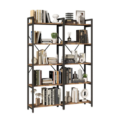 oneinmil Bookshelf 5 Tier, 58.7'' Industrial Book Shelf, Wooden Bookshelves with 10 Open Display Shelves, Vintage Storage Rack, Standing Wide Bookcase for Home and Office, Rustic Brown