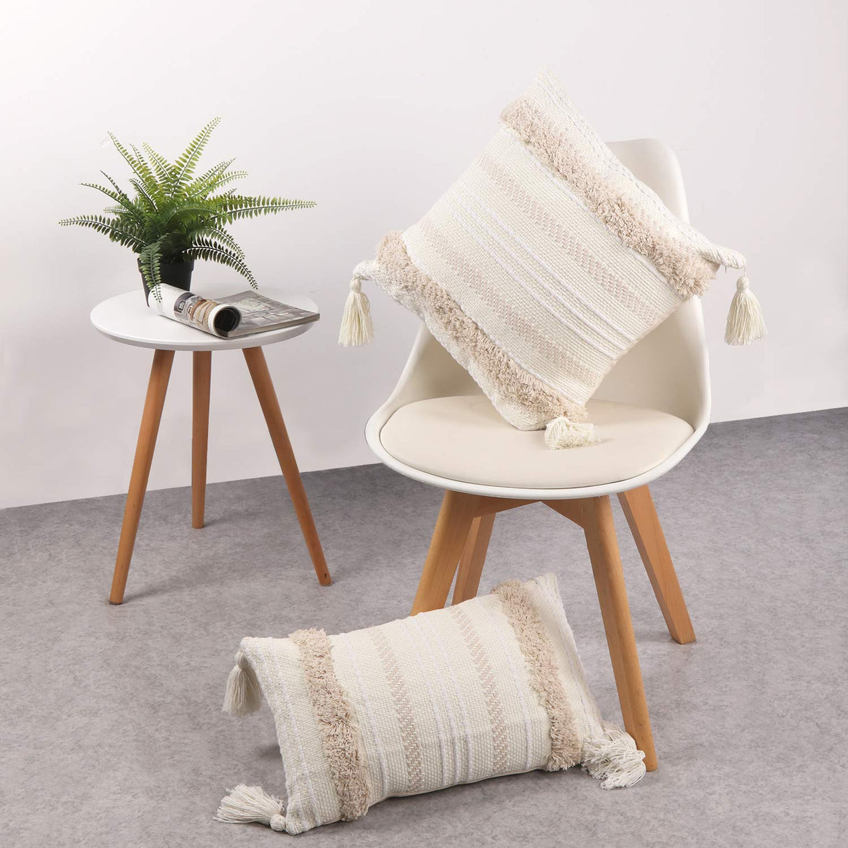 OJIA Lumbar Decorative Boho Throw Pillow Cover, 12 x 20 Farmhouse Cute Pillowcase Minimalist Neutral Collection Cream White Tufted with Tassels Woven Cushion Cover for Sofa Couch Bedroom Living Room OJIA