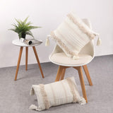 OJIA Lumbar Decorative Boho Throw Pillow Cover, 12 x 20 Farmhouse Cute Pillowcase Minimalist Neutral Collection Cream White Tufted with Tassels Woven Cushion Cover for Sofa Couch Bedroom Living Room OJIA