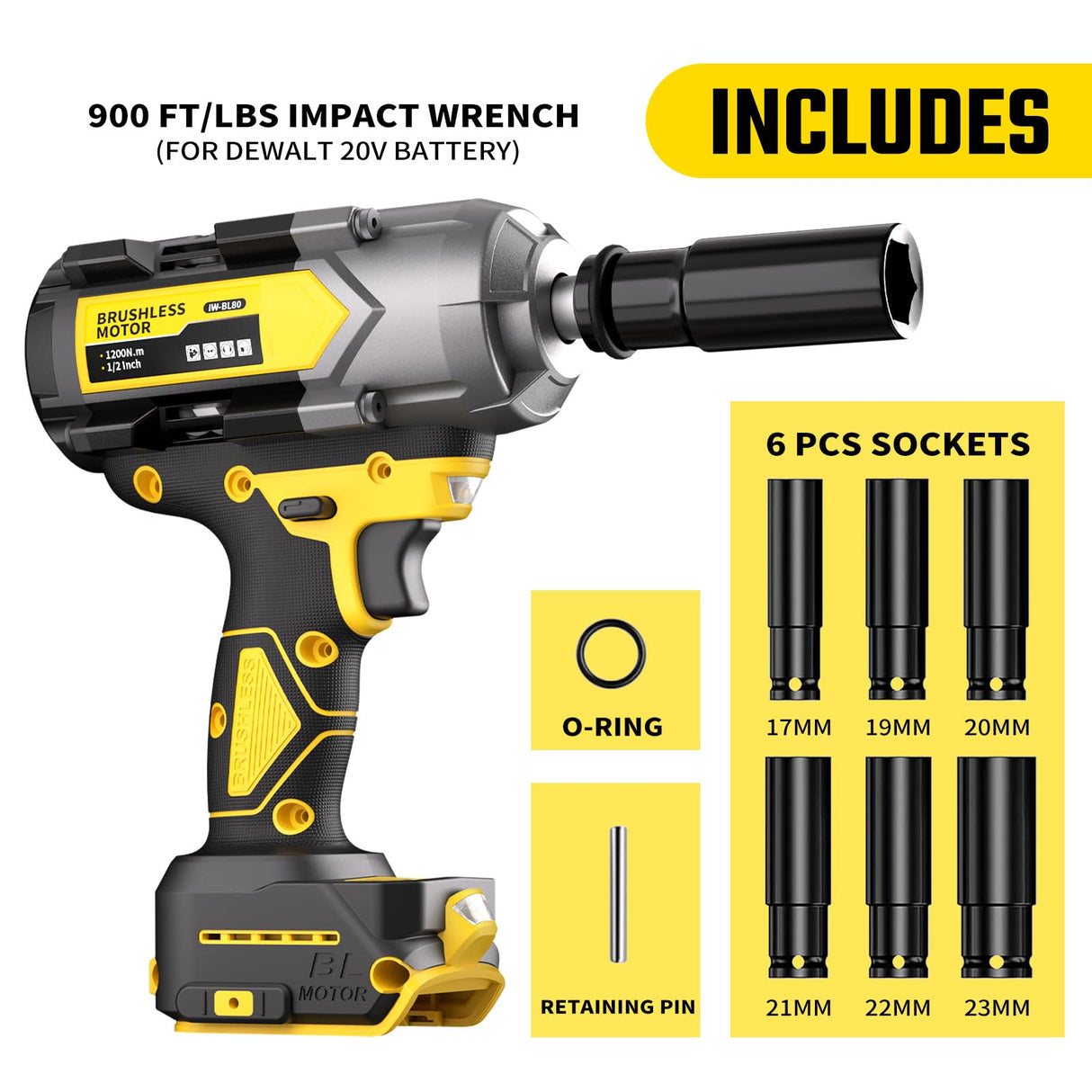 VERVEWAVE 1200N.m Impact Wrench for DeWalt 20V Battery (no battery), 20V 1/2” Cordless Impact Gun, 900Ft-lbs Electric Impact Driver with 3-Speed Control, 6 Pcs Impact Sockets Included, Tool Only VERVEWAVE