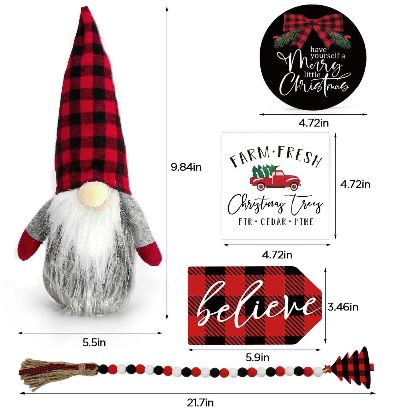 Christmas Decor - Christmas Decorations Indoor - Believe Merry Christmas Wooden Signs & Buffalo Plaid Gnomes Plush Set - Farmhouse Rustic Tiered Tray Country Decor for Home Room Table Mantle