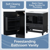 30" Bathroom Vanities with Ceramic Sink, Storage Cabinet with 3 Drawers and Door Shelf, Soft-Closing Door, Solid Wood Legs, Black Merax