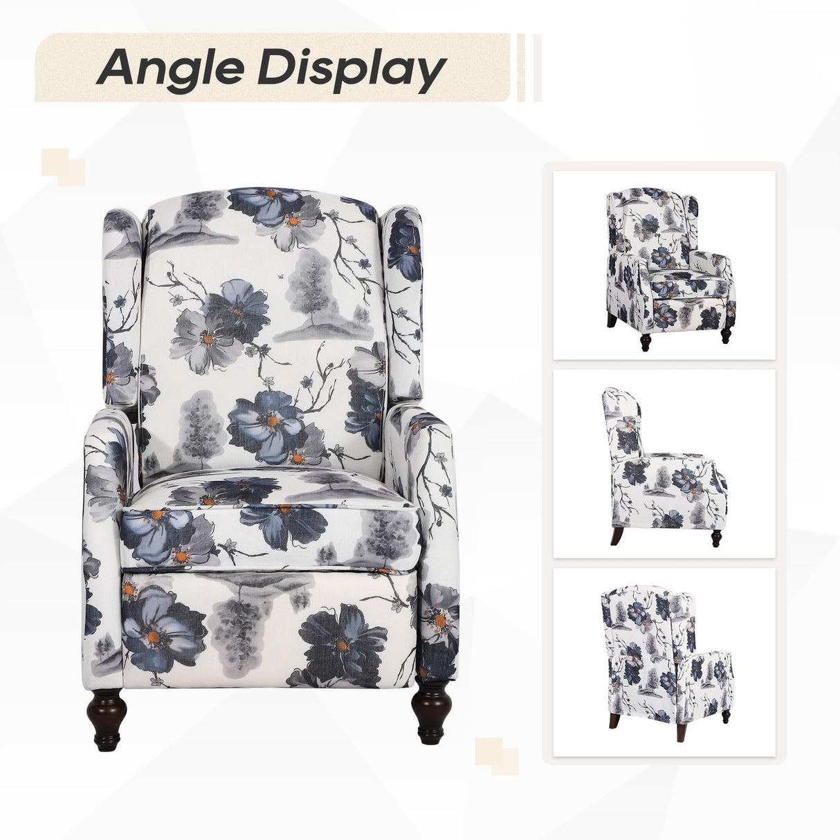 PALLOME Upholstered Wingback Recliner Chair, Mid Century Modern Manual Push Back Recliner for Living Room, Bedroom (2, Blue Floral) PALLOME