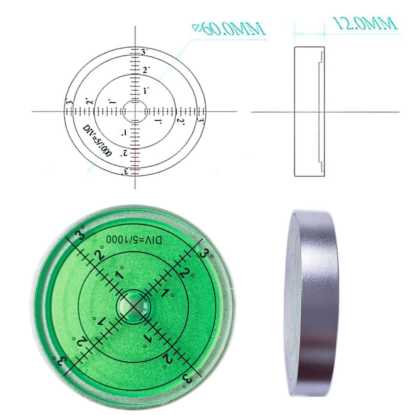 Circular Bubble Levels 2.4 Inch 60mm Accuracy 15'/2 Round High Precision Aluminium Bullseye RV leveling Bubble Levels For Motorhome, Camping, Trailer, Construction, CNC machine(Circular-6012s - WoodArtSupply