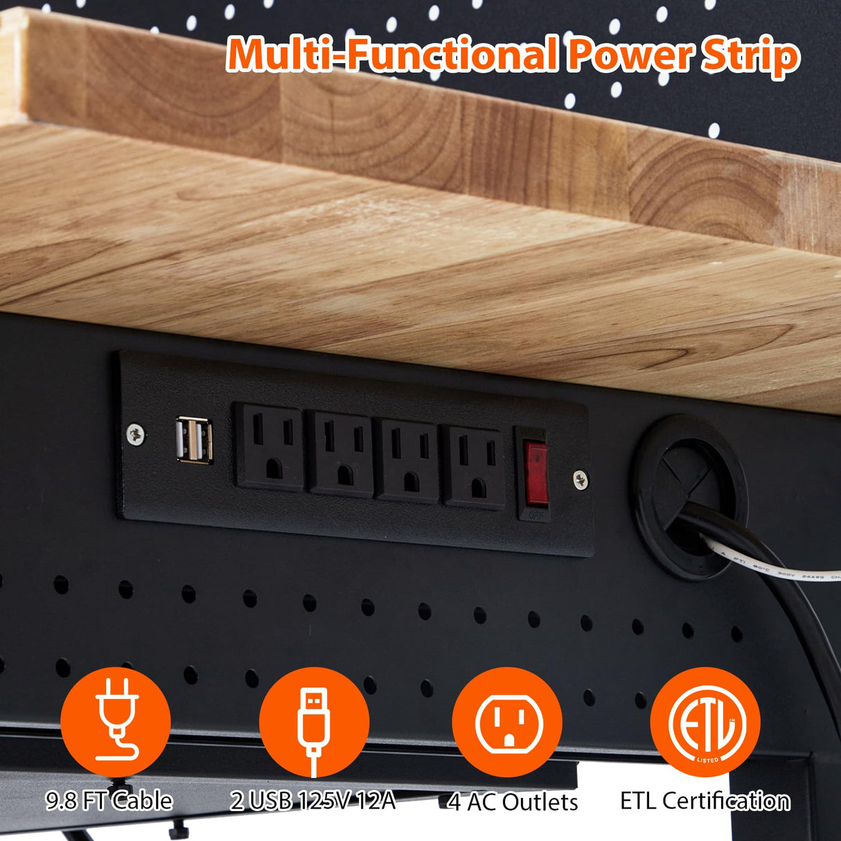 ACONEE 60" Adjustable Workbench with Drawer Storage, Heavy-Duty Worktable with Pegboard & Power Outlet, Solid Steel Frame, 2000LBs Load Capacity Rubber Wood Top Workbench for Garage, Office, Workshop ACONEE