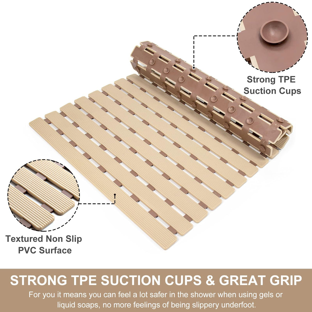 Yolife Non Slip Bath Mat Quick Drain Shower Floor Mat Colorful Bathtub Mat Slatted Duckboard Design with Suction Cups (C-Brown, 24.8 x 15.75 inches) Yolife