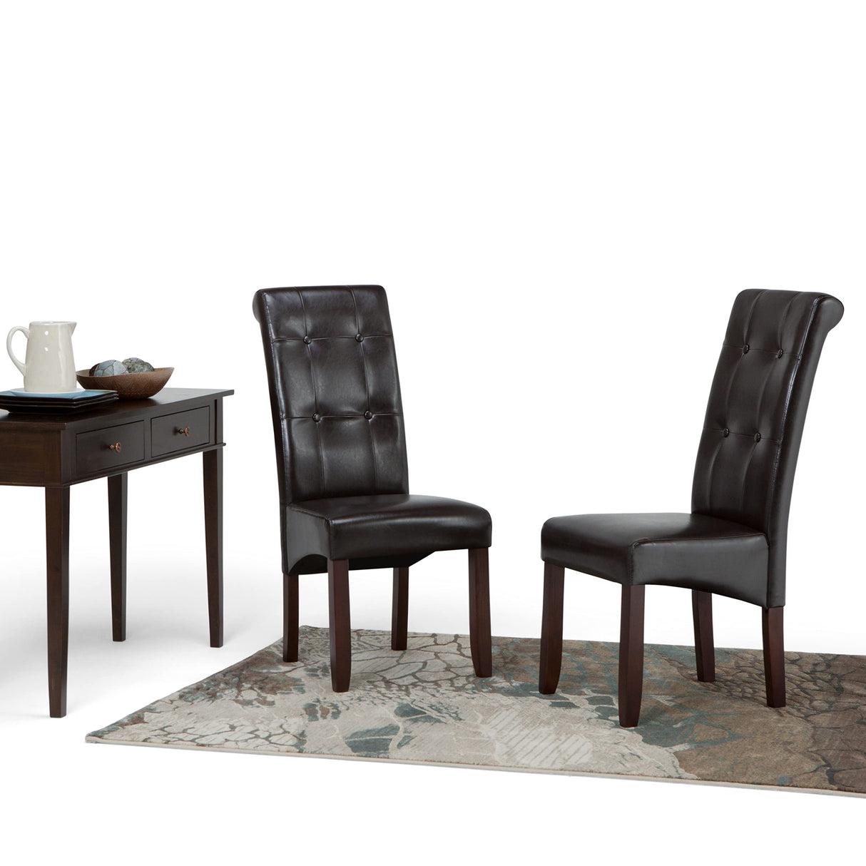SIMPLIHOME Cosmopolitan Parson Dining Chair (Set of 2), Tanners Brown Faux Leather and SOLID WOOD, Square, Upholstered, For the Dining Room, Contemporary Modern SIMPLIHOME