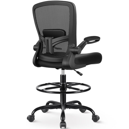 FelixKing Drafting Chair Ergonomic Tall Office Chair, Breathable Mesh Chair with Adjustable Footrest Ring Lumbar Support Flip-up Armrests, High Back Executive Comfy Task Computer Chair for Home Office