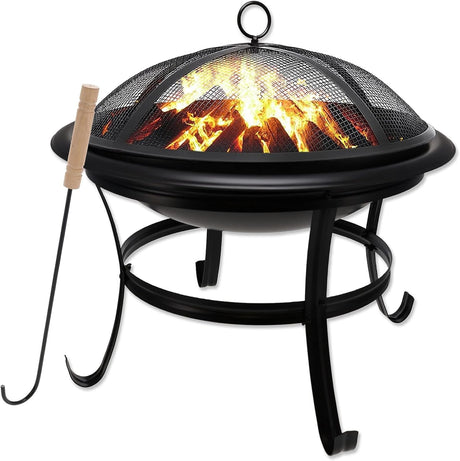 Gas One 22 in Outdoor– Wood Burning Fire Pit with Mesh Lid and Fire Picker – Durable Alloy Steel Fire Pits for Outside – Small Fire Pit for Backyard, Porch, Deck, Camping, BBQ Gas One
