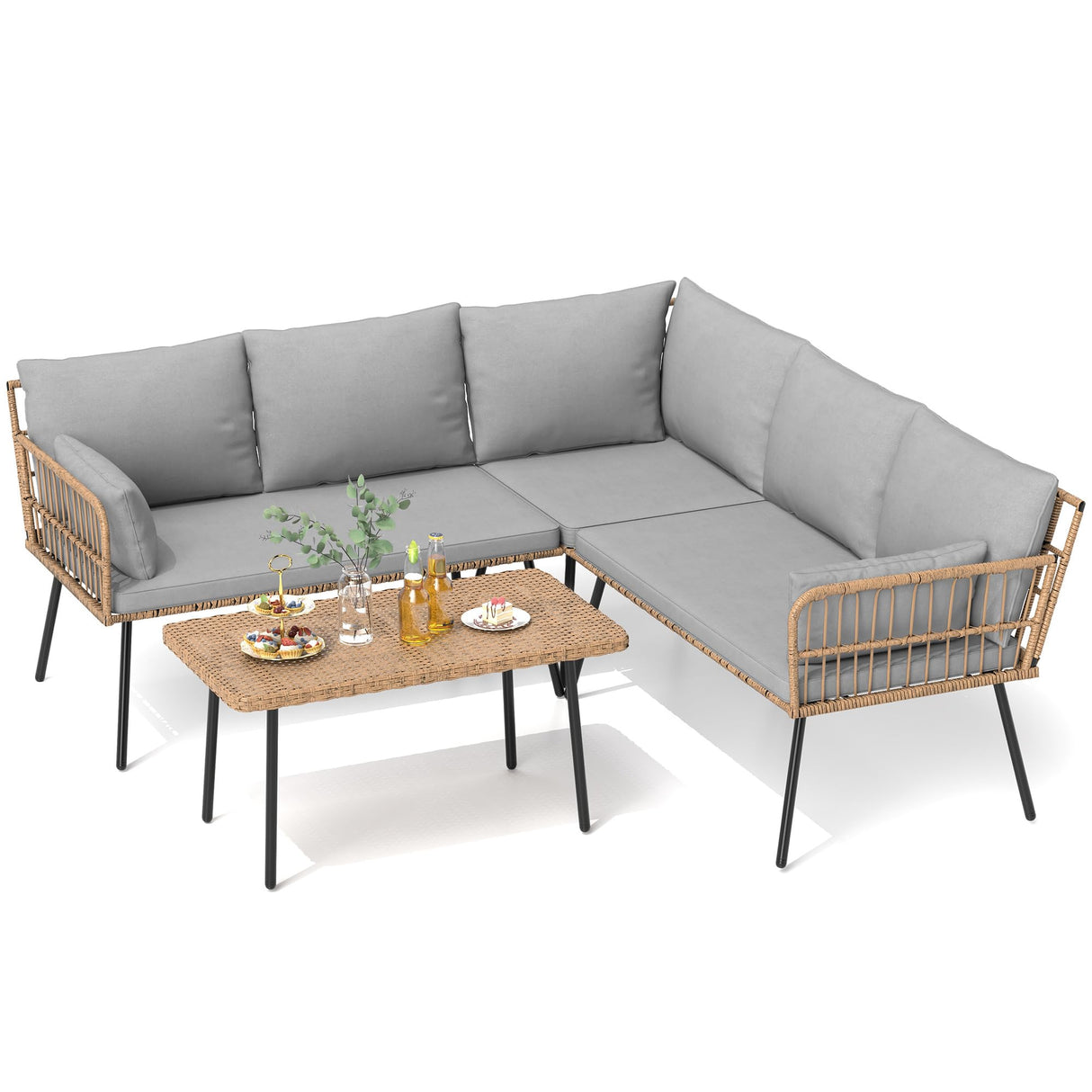 DWVO 4-Piece Outdoor Sectional Sofa Set, All-Weather Wicker L-Shaped 5-Seater Patio Furniture with Removable Cushions & Side Table, Boho Conversation Set for Backyard, Porch, Deck (Grey) DWVO