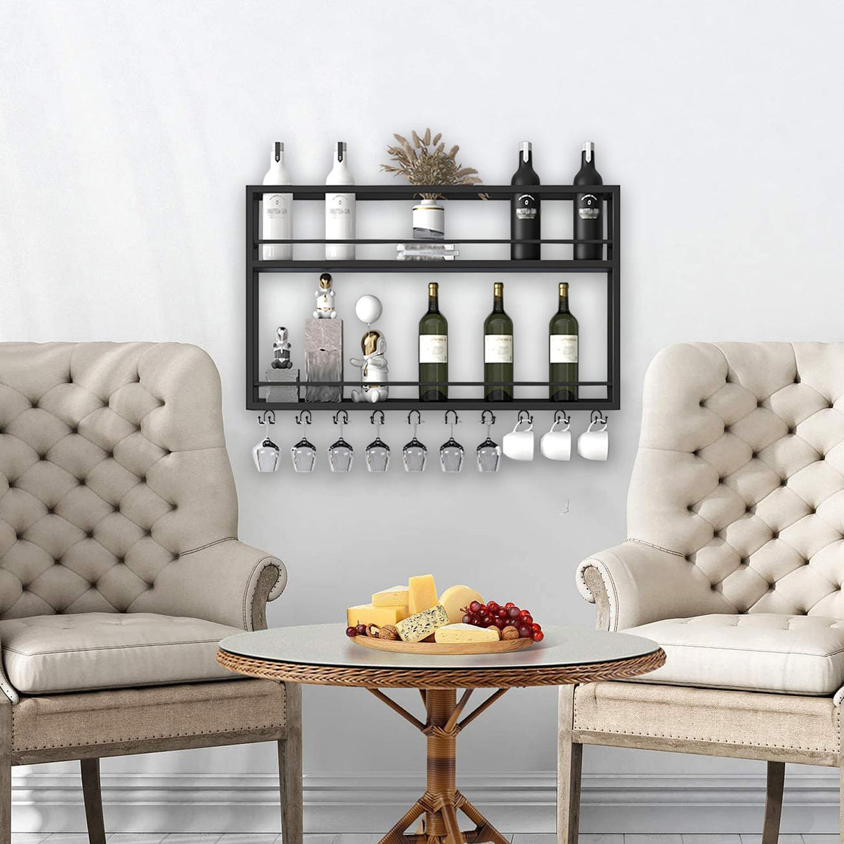 Industrial Wall Mounted Wine Rack, 2-Tier Wood Wine Bottle Shelf with Stemware Rack, Black Wine Glass Rack Multi Functional Wine Storage Display Rack for Home Bar Dining Room Kitchen (39.3×7.8×26in) SPTZQURY